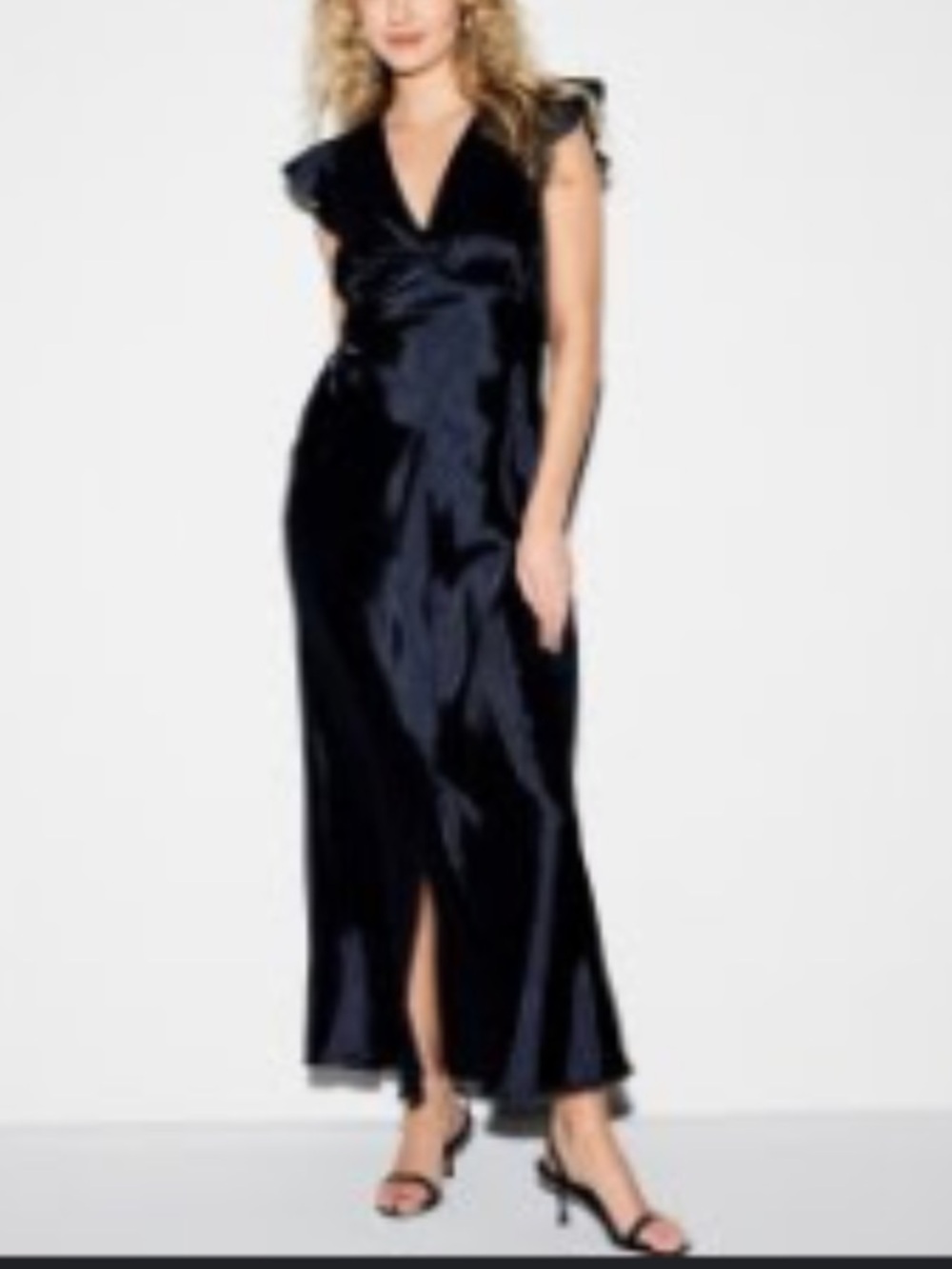 Old Navy Satin V-Neck Maxi Dress with Cap Sleeves in Navy Blue with Tonal Dots
